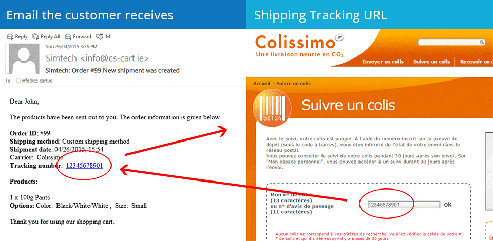 Email the customer receives | Shipping Tracking URL