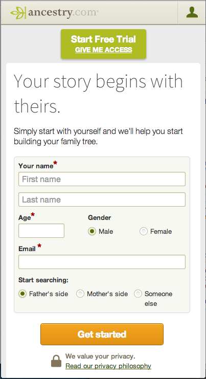 Ancestory mobile website screenshot